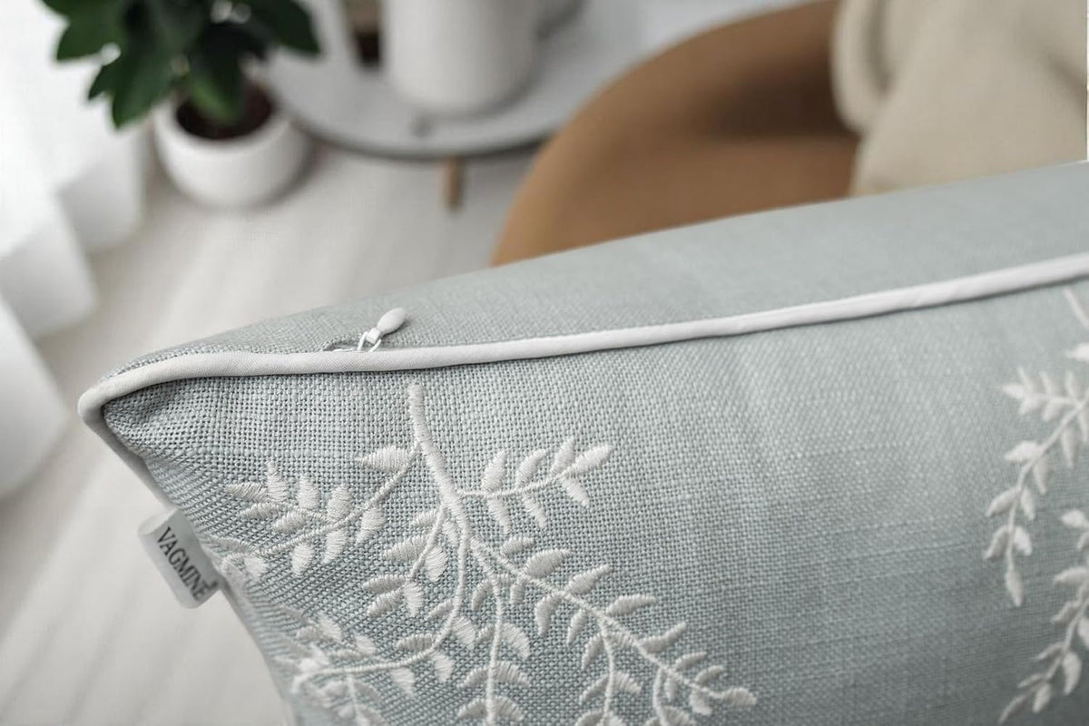 VAGMINE Embroidered Leaves Throw Pillow Cover - 20x20 Inches Square - 100% Cotton Robins Egg Cushion Cover - Textured Embroidery - Chic Coastal Home Accent for Sofa, Lounge, Farmhouse Decor