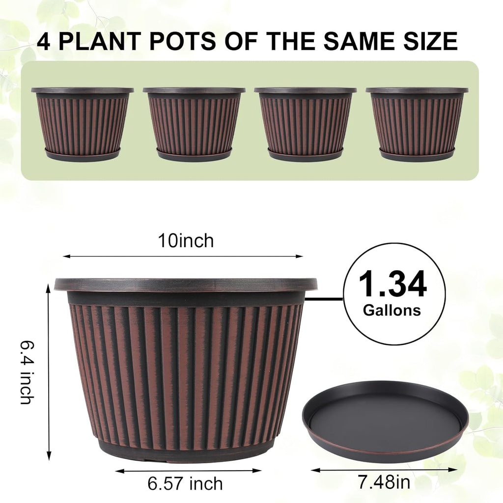 10 Inch Planter-Pots-for-Plants-Indoor-Outdoor, 4 Pack Plastic Flower Pots with Saucer & Drainage Holes, Modern Decorative Resin Garden Pots