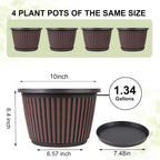 10 Inch Planter-Pots-for-Plants-Indoor-Outdoor, 4 Pack Plastic Flower Pots with Saucer & Drainage Holes, Modern Decorative Resin Garden Pots