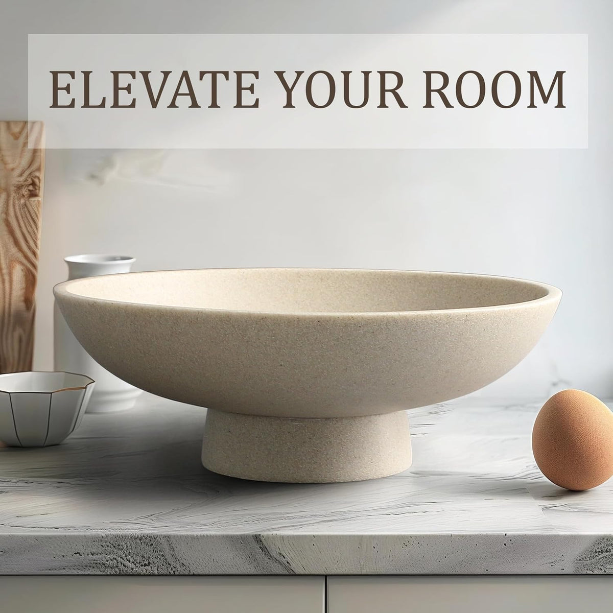 Modern Resin Pedestal Bowl – Large Fruit Bowl for Kitchen Counter, Catch All Tray for Entryway Table, Stylish Key Bowl & Dining Centerpiece, Beige
