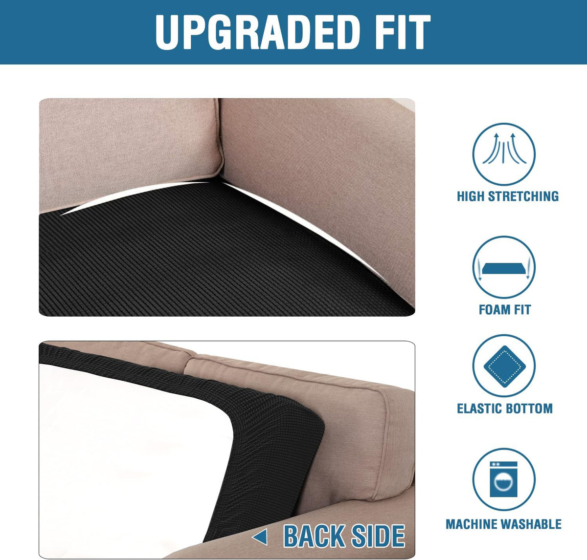 H.VERSAILTEX Super Stretch Individual Seat Cushion Covers Sofa Covers Couch Cushion Covers Slipcover Sets Thick Jacquard Textured Twill Fabric (1 Piece Loveseat Cushion Cover, Black)