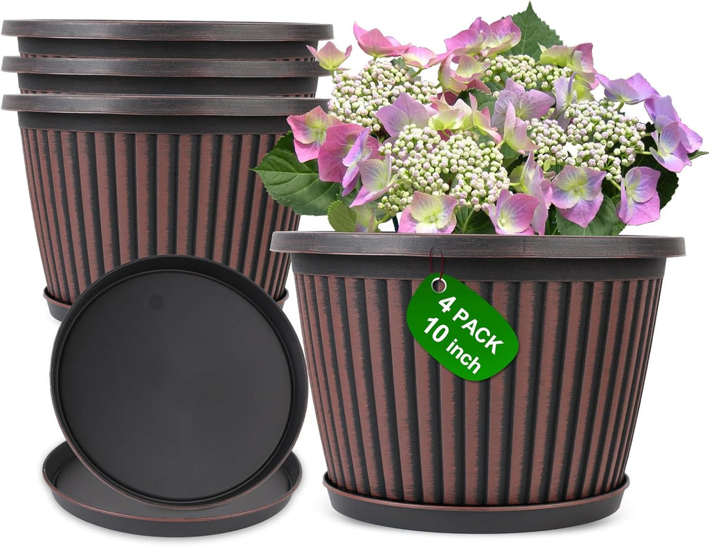 10 Inch Planter-Pots-for-Plants-Indoor-Outdoor, 4 Pack Plastic Flower Pots with Saucer & Drainage Holes, Modern Decorative Resin Garden Pots