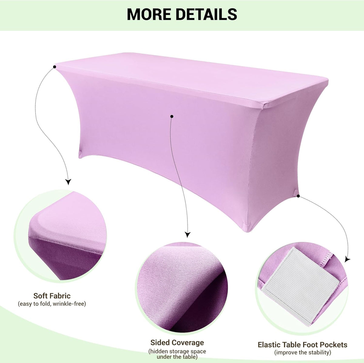 Obstal 6ft Stretch Spandex Table Cover for Standard Folding Tables - Universal Rectangular Fitted Tablecloth Protector for Wedding, Banquet and Party, 72L x 30W x 30H Inches, Light Purple, 2pc