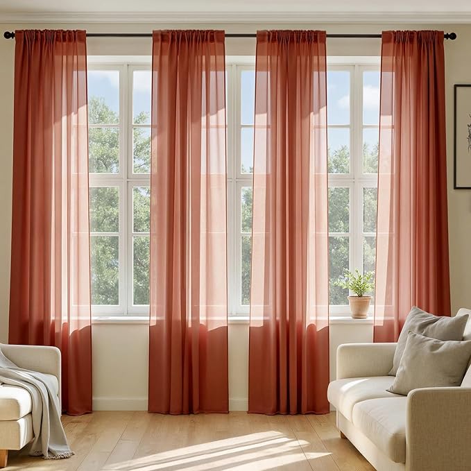 MIULEE 4 Panels Fall Burnt Orange Sheer Curtains 42 x 96 Inches | Light by MIULEE