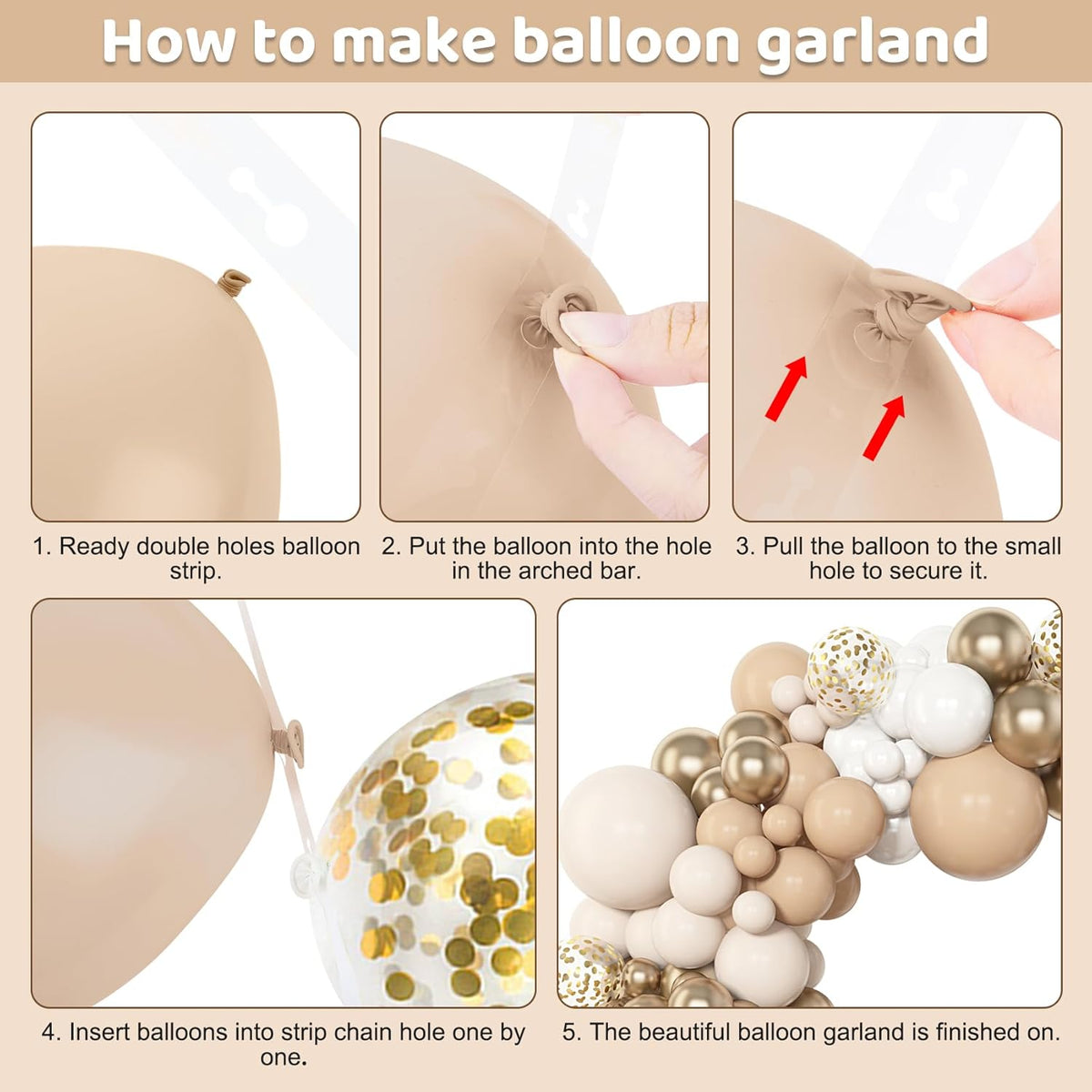 Amandir 153pcs White Sand Balloon Garland Arch Kit, Different Sizes 18 12 10 5 inch Beige Cream Champagne Gold Latex Metallic Confetti Balloons for Boho Neutral Baby Shower Birthday Party Decorations