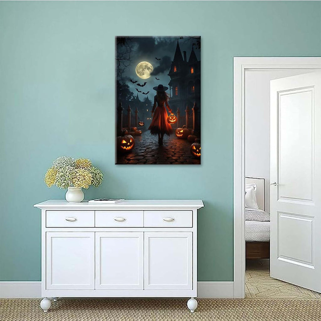 JFHCQJPK Halloween theme poster moonlit autumn night witch vintage poster art print dark college style gothic painting canvas wall decoration bedroom living room ideal gift20x30in Frameless