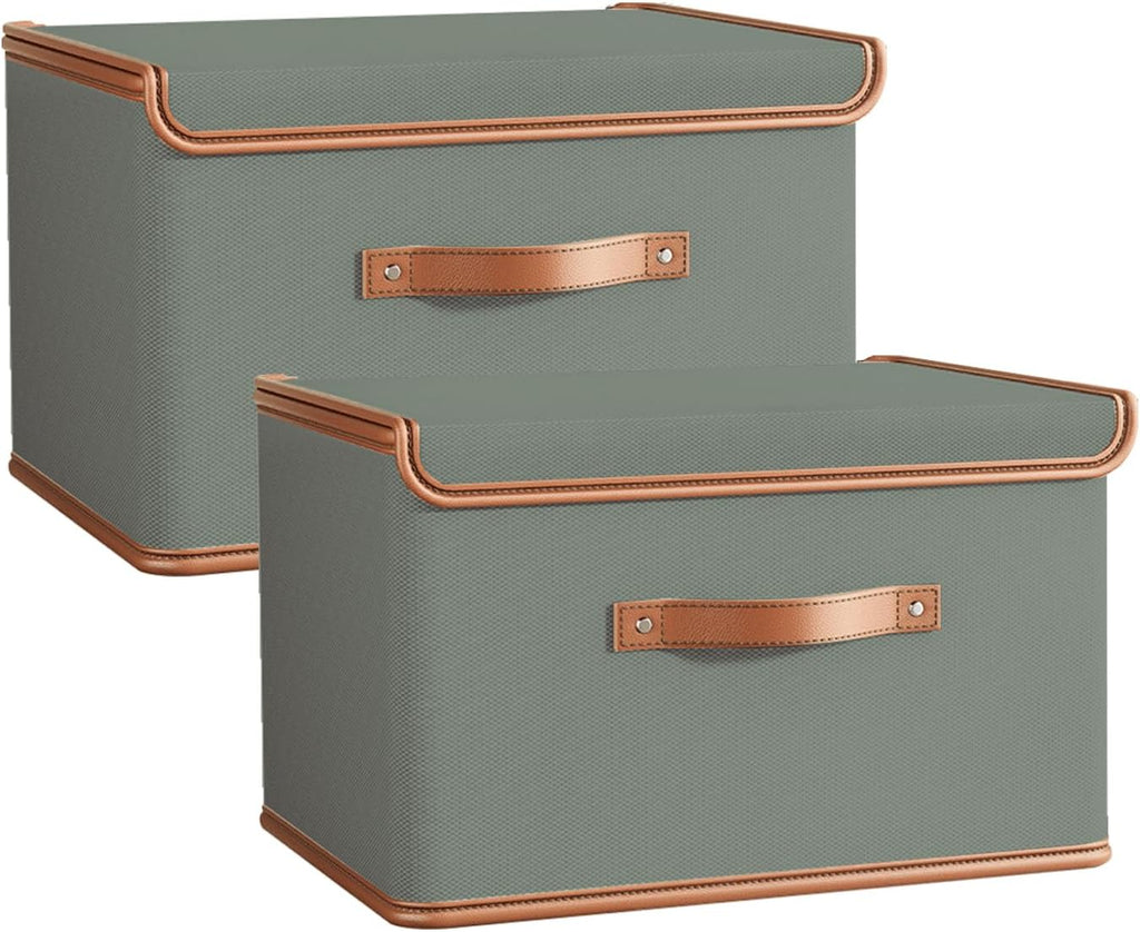 Tuza 2 Pack Storage Bins with Lids, Collapsible Closet Organizer Container, Fabric Organizer Box with Handles, Decorative Storage Boxes with Lids for Organizing Clothes, Blanket, Grey, Large