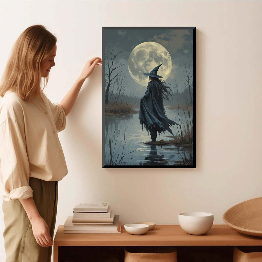 JFHCQJPK Witch in the moonlight magic canvas wall art enchanting Halloween home decor swamp witch silhouette oil painting mysterious gothic aesthetic wall decor print poster16x24in Metal blackFramed