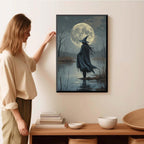 JFHCQJPK Witch in the moonlight magic canvas wall art enchanting Halloween home decor swamp witch silhouette oil painting mysterious gothic aesthetic wall decor print poster16x24in Metal blackFramed