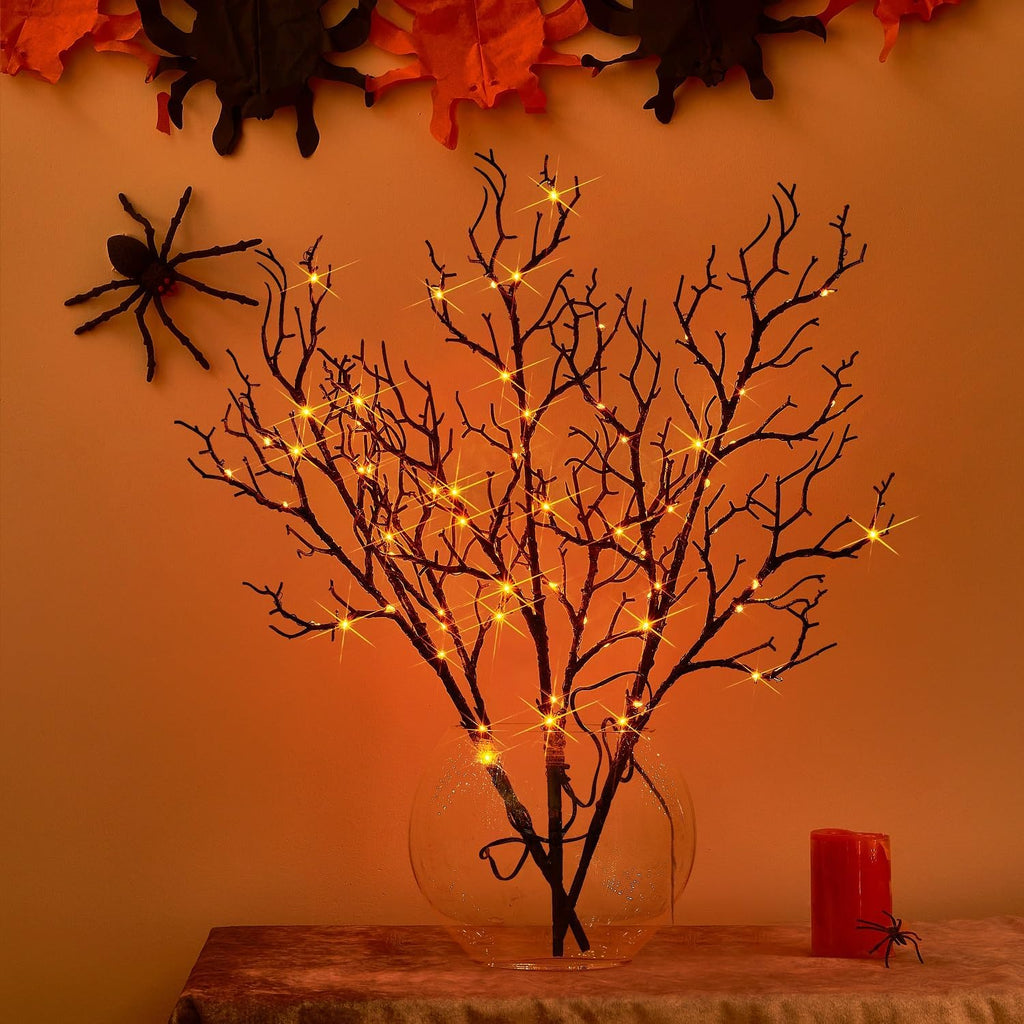 Birchlitland Halloween Branch Lights with Timer Battery Operated 75 LED Orange Fairy Lights, Lighted Black Willow Branches 21IN for Home Decor