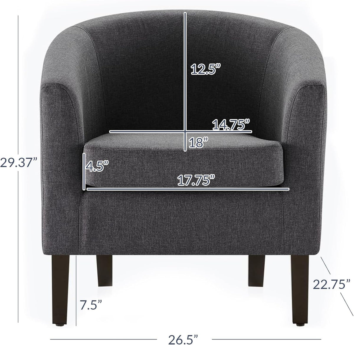 BELLEZE Living Room Chairs Set of 2, Linen Round Accent Barrel Chairs, Club Tub Sofa Chairs for Bedroom, Corner Chairs with Flared Legs and Cozy Soft Padding - Highland (Gray)