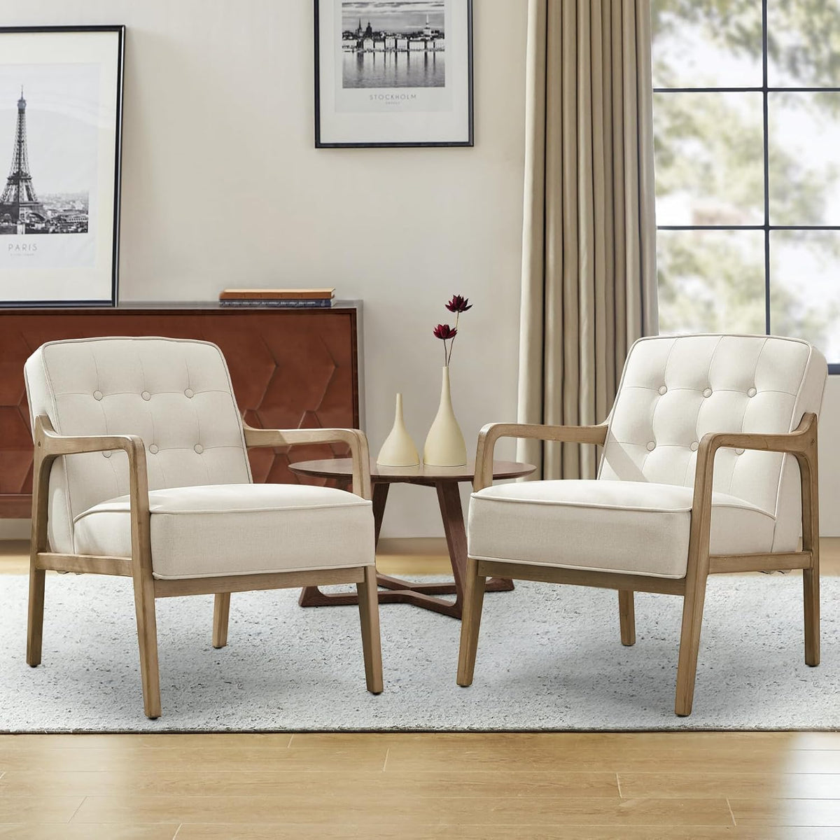 Linen Accent Chair Set of 2, Mid Century Modern Chair for Living Room, Upholstered Comfy Lounge Armchair with Solid Wood Frame, Reading Side Chair for Bedroom,105°Ergonomic Comfort, White