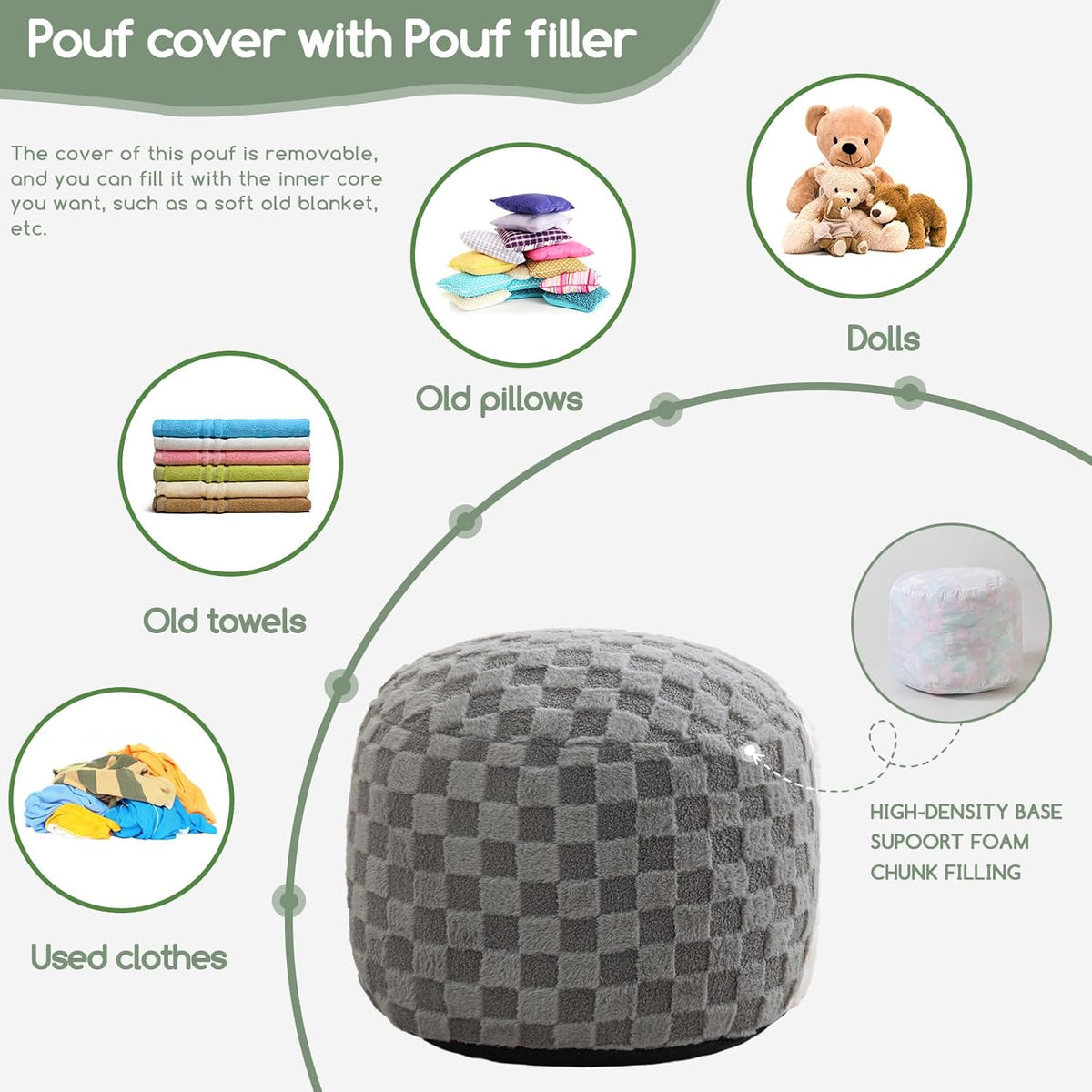HIGOGOGO Round Stuffed Pouf Ottoman, Plaid Poufs with Foam Chunk Filling, Fluffy and Furry Pouf Foot Stool Storage Ottoman, 20 X 15 Floor Poufs Foot Rest for Living Room, Grey