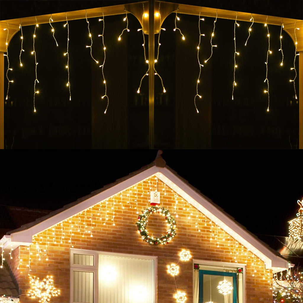 YASENN 300Led Icicle Style String Lights 29.5FT,Update Connectable 8 Lighting Modes with Timer Icicle Lights for Home Garden Outdoor Indoor Eave Decor (Warm White LED White Cable)