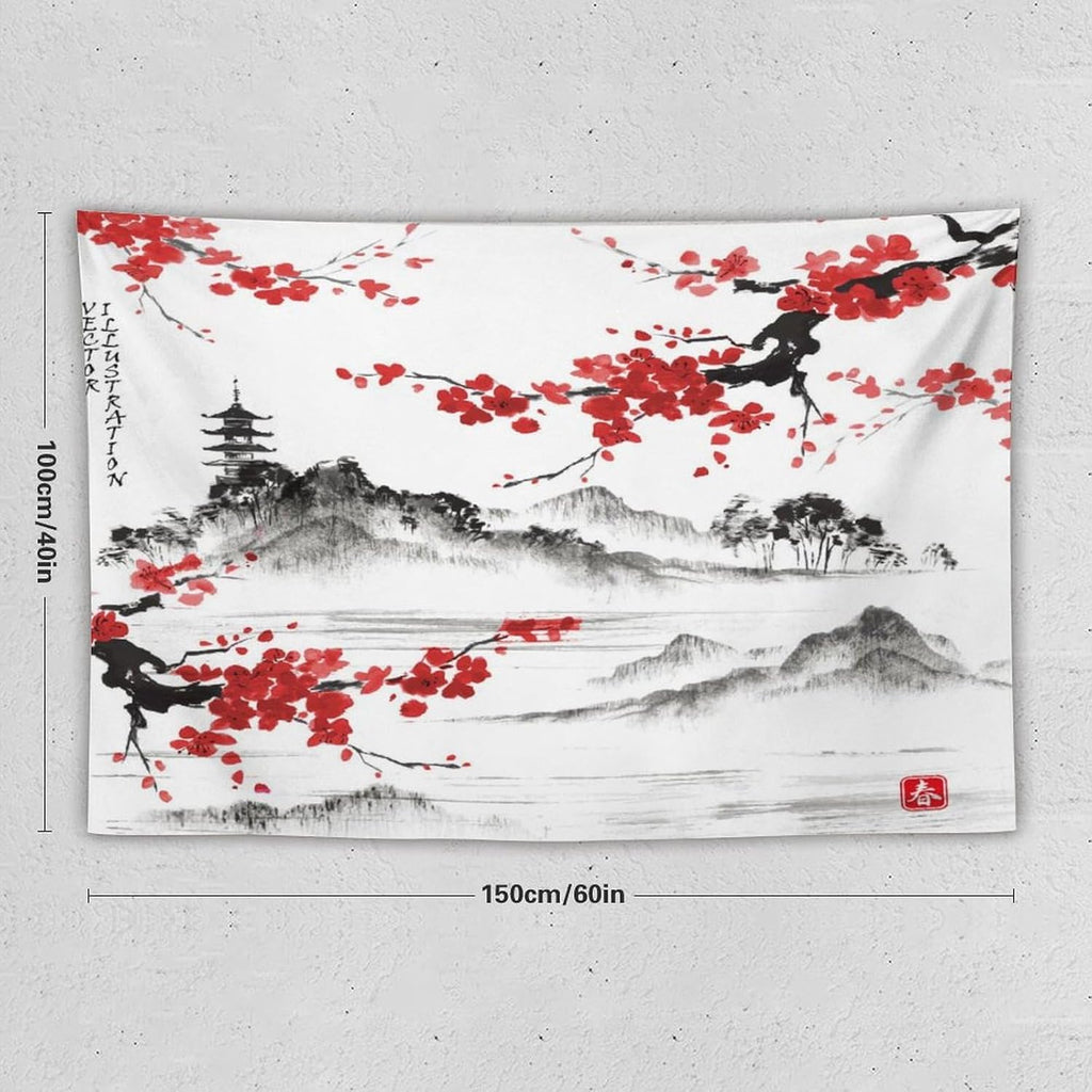 Cherry Blossoms Tapestry, Japanese Fuji Mountain Tapestry, Asian Japanese Wall Tapestry, Nature Landscape Tapestries for Bedroom Living Room Decor 60"x40"