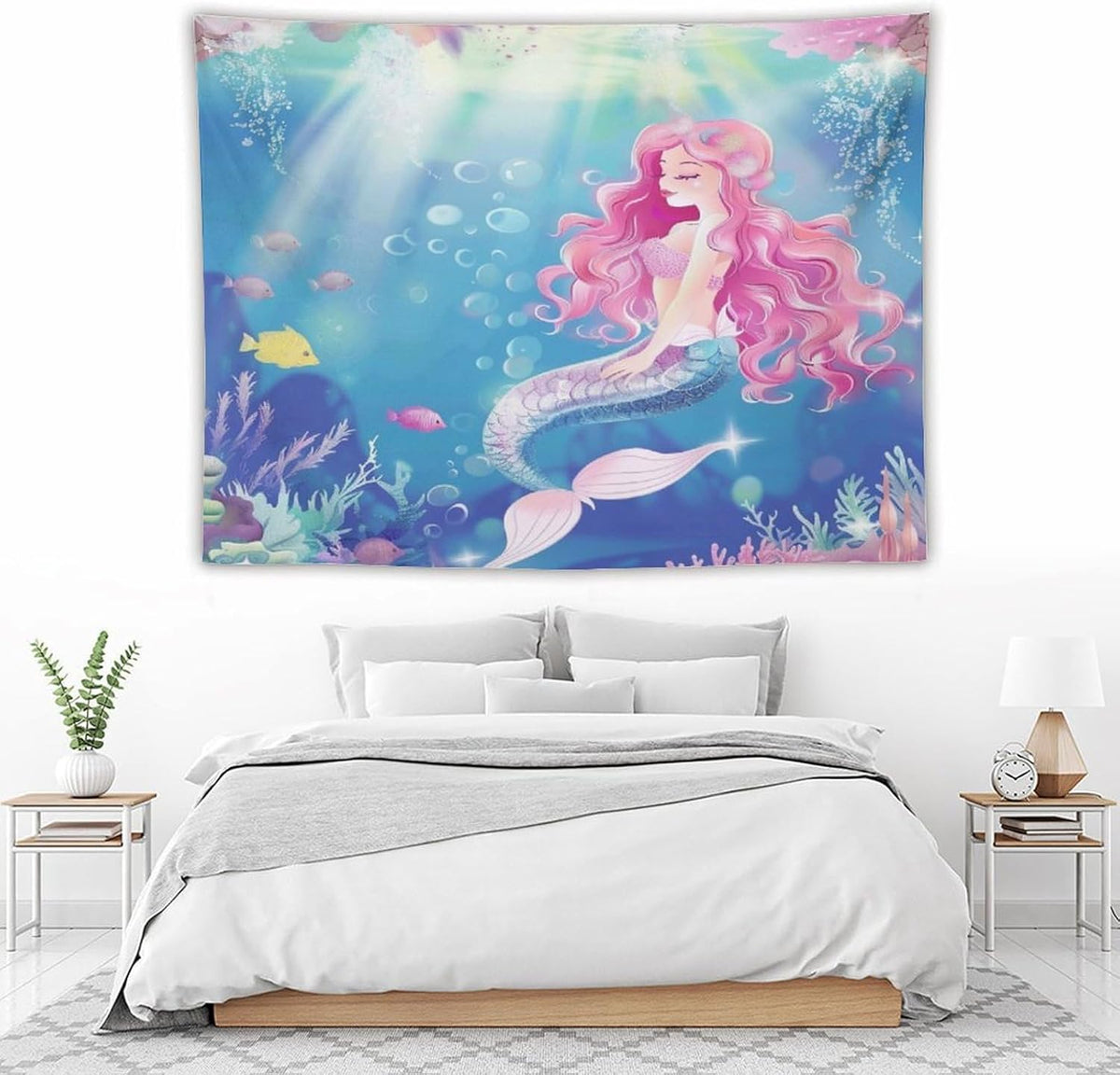 HZOHNAGO Mermaid Girls Tapestry Watercolor Mermaid Princess Pink Hair Pattern for Kids Room Decoration Printed Wall Tapestry Wall Hanging for Bedroom Living Room Dorm 80" W x 60" H