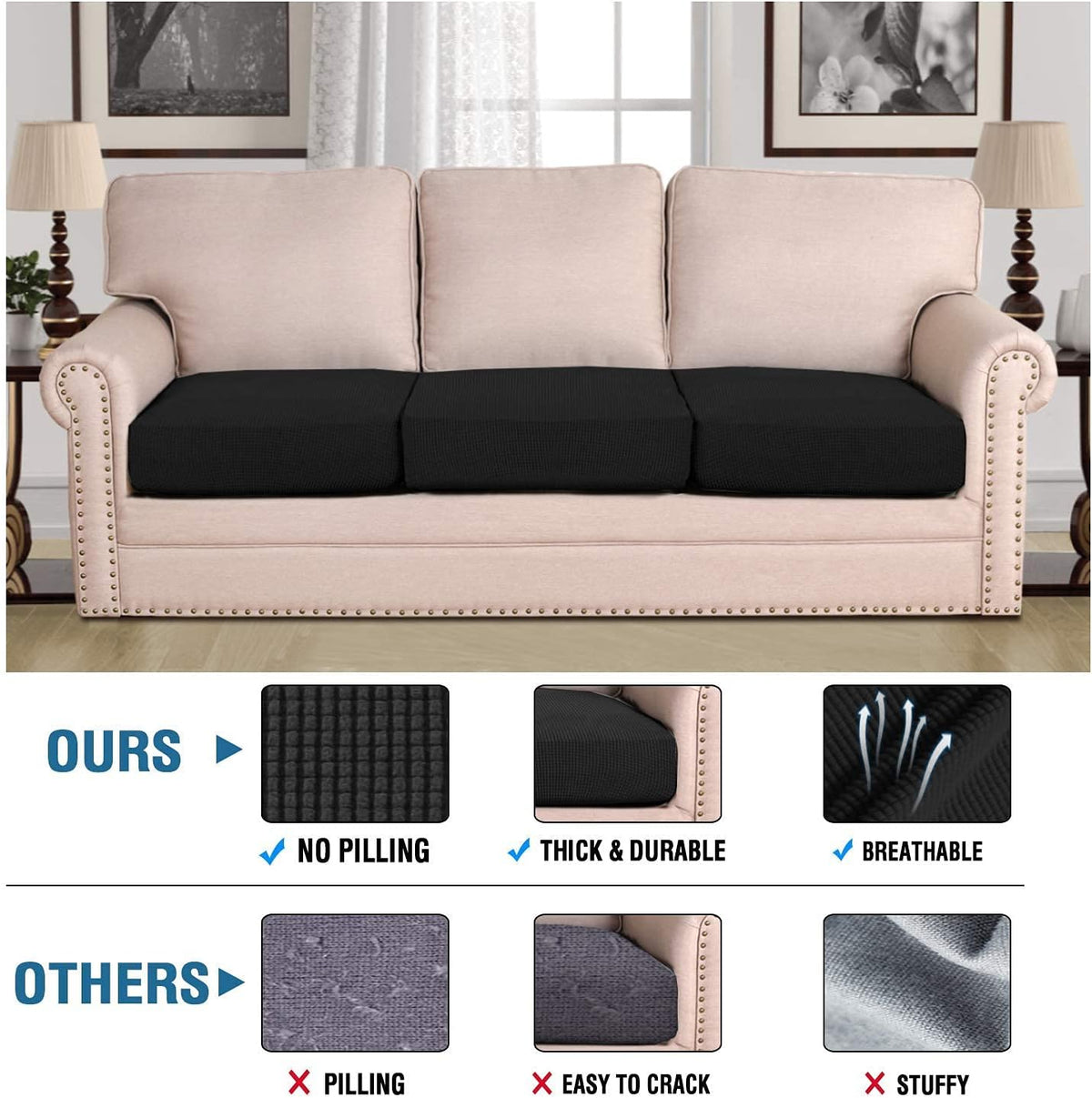H.VERSAILTEX Super Stretch Individual Seat Sofa Covers Couch Slipcover Sets Thick Jacquard Textured Twill Fabric (3 Piece XL Cushion Covers, Black)