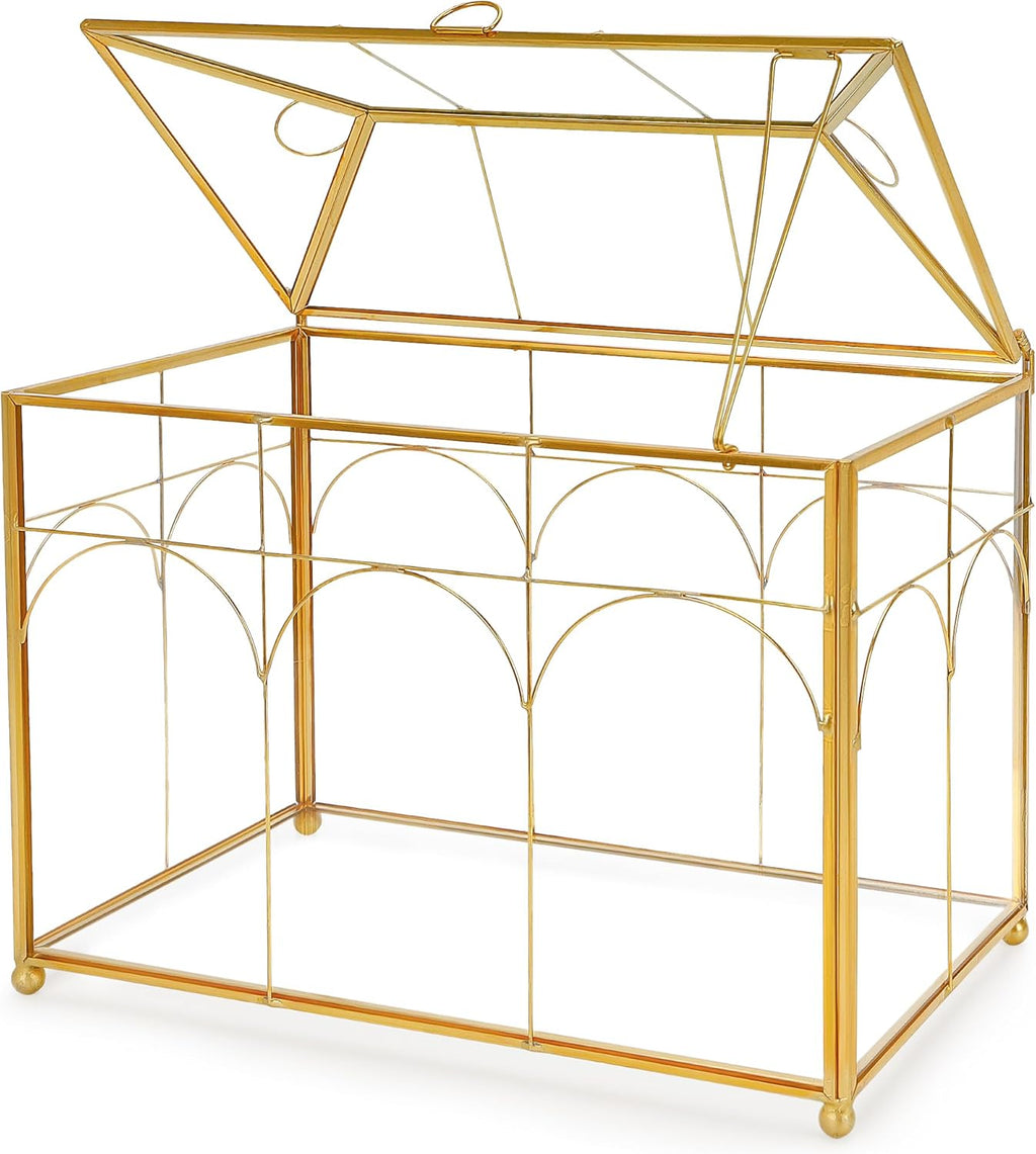 Handmade Glass Planter Terrarium with Lid, Indoor Tabletop Centerpiece Display Box Modern Decor DIY Gift Plant Terrarium Container for Succulent Cacti Air Plants Flower (Gold)