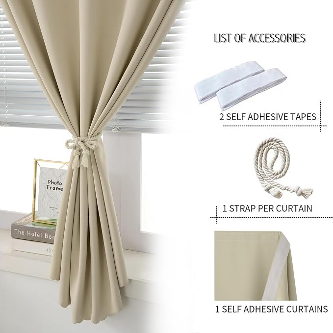Room Darkening Curtains with Adhesive Backing Tool Free Hanging Window Drapes - Image 2