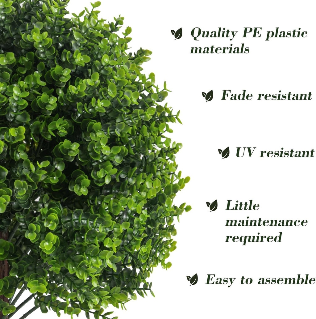 Artificial Boxwood Topiary Outdoor Plants with Spike, 2 Pack Faux Bushes UV Resistant Fake Shrubs for Front Porch Décor