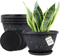 4 Pack 8 Inch Flower Pots for Outdoor Indoor, Plastic Plant Pots with Drainage Hole & Saucer, Lightweight Small Resin Flower Pot, Imitation Magnolia Pots for Garden House planters（Gray）