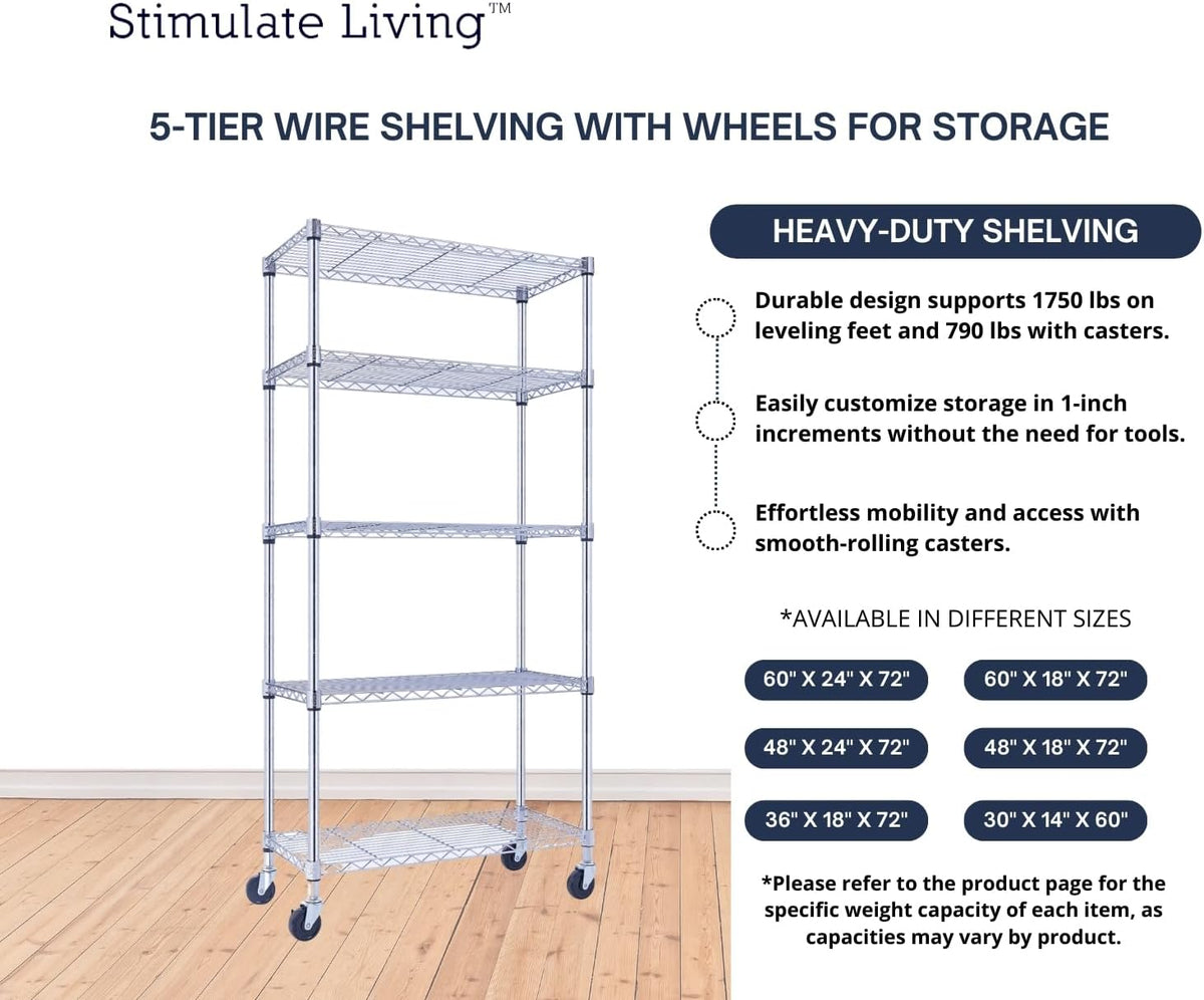 30"x14"x60" PRIME HEAVY DUTY Chrome 5-Tier Wire Shelving 1,750 LBS MAX Capacity Storage Rack for Commercial, School, Home, Garage, Warehouse, Industrial, and Hospital Uses (with Wheels)
