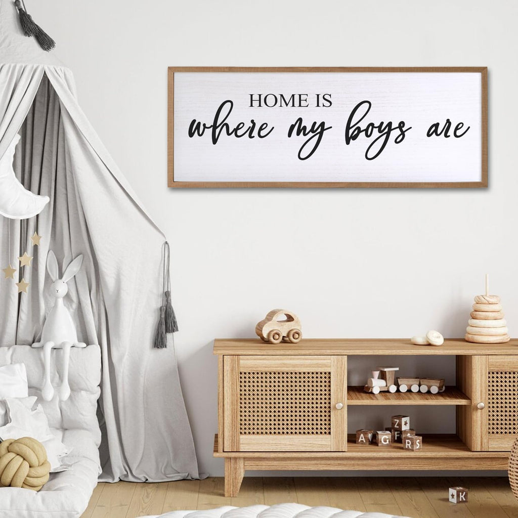 Home is Where My Boys are Sign Framed Wall Art, 32''×12'' Rustic Horizontal My Son Plaque with Natural Frame for Baby Kid Boy Son Teen Toddlers Room, Horizontal Mom of Boys Gifts Nursery Decor