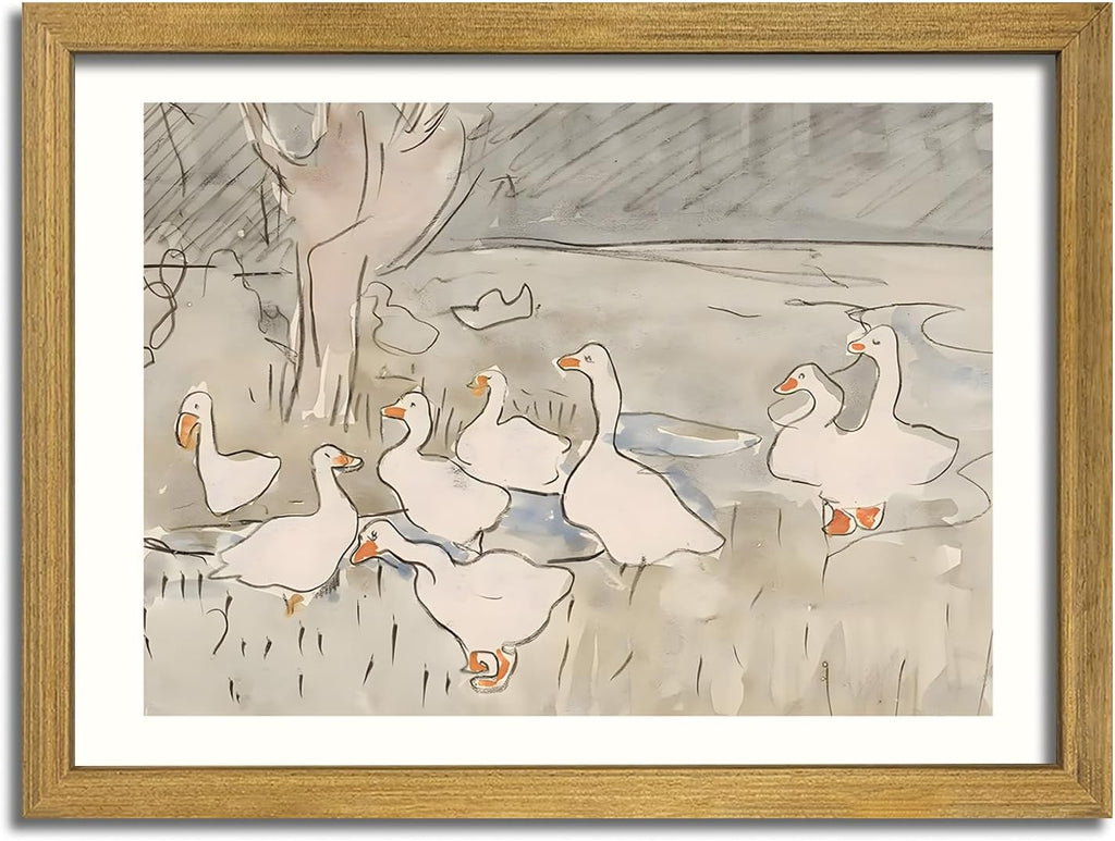 Vintage Framed Goose Wall Art Watercolor Print, Rustic Farm Duck Decor Canvas Painting, Minimalist Pastoral Poster Picture, Country Cottage Wall Decor for Living Room Kitchen Bathroom Bedroom 16x24 in