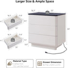 JXQTLINGMU 22" Modern Nightstand Set of 2 with Charging Station, Large Push-to-Open End Table, Wood Bedside Table, Curved Profile, Handleless 3 Drawer Night Stand for Bedroom, Living Room, Off White