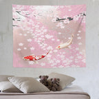 Houselerax Japanese Koi Fish Tapestry, Cherry Blossoms Asian Oriental Pink Flower Branch Koi Fish Carp Tapestries Wall Hanging for Bedroom Living Room Office Decor 60"x50"