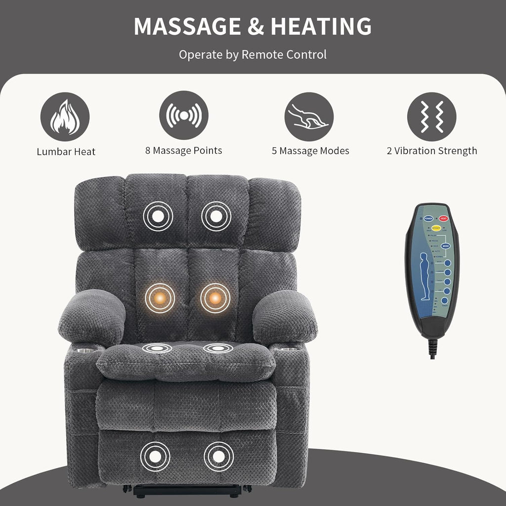 Dual Motor Power Lift Recliner Chair for Elderly,Electric Lift Chair with Adjustable Headrest, Heat and Massage,Lay Flat Recliner with Cup Holders,USB Ports,Type C,Zero Gravity, Grey
