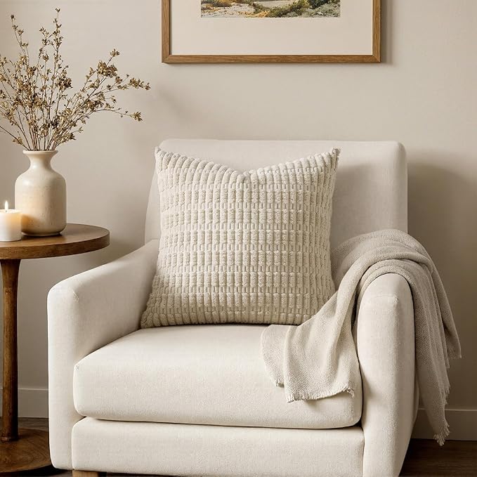 MIULEE Corduroy Decorative Throw Pillow Covers 18x18 Cream White Pack of 2 | - Image 4