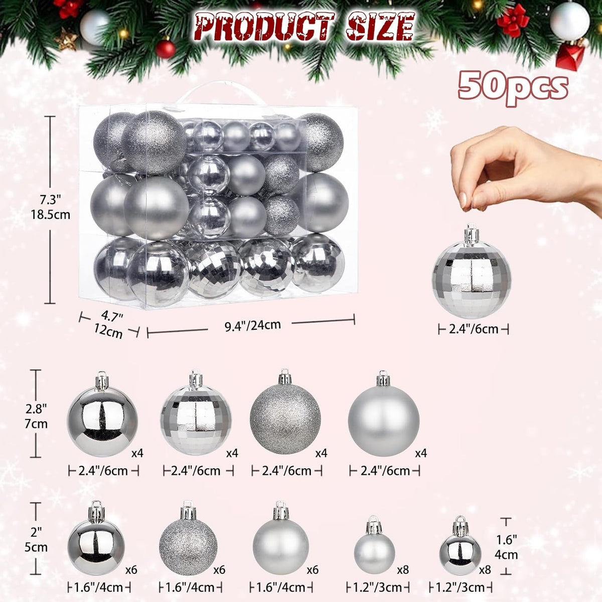50pcs Silver Christmas Ball Ornaments Silver Large Shatterproof Christmas Tree Decorations Xmas Tree Ornaments Balls with Hanging Loop for Xmas Wedding Holiday Party Wreath Home Decor