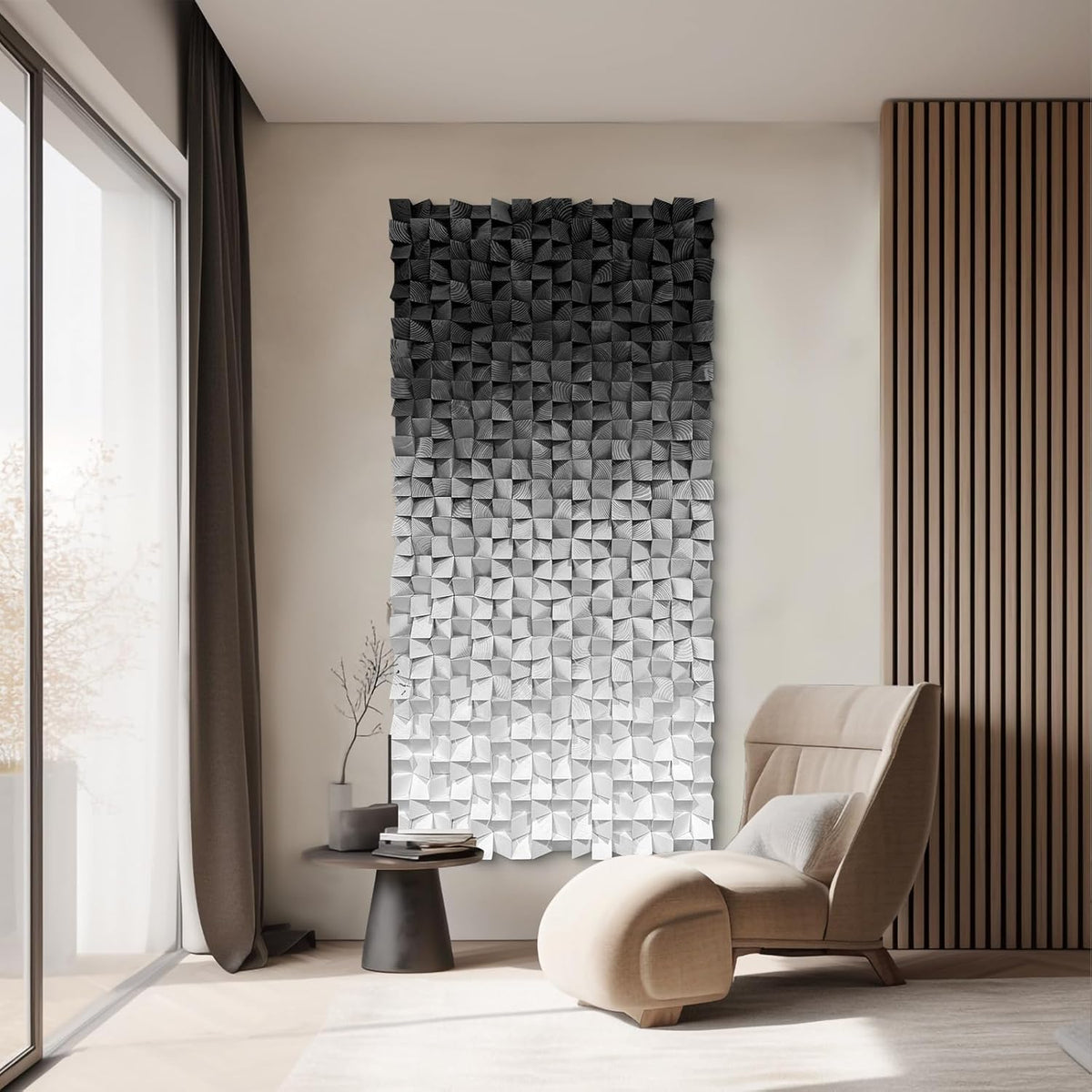LIUZEYUE - Block Stereoscopic Painting Geometric Modeling Wall Decoration 3D Wooden Artwork Living Room Bedroom Background Wall Office Decoration Black and White Gradient 27.5 x 55.1 inches