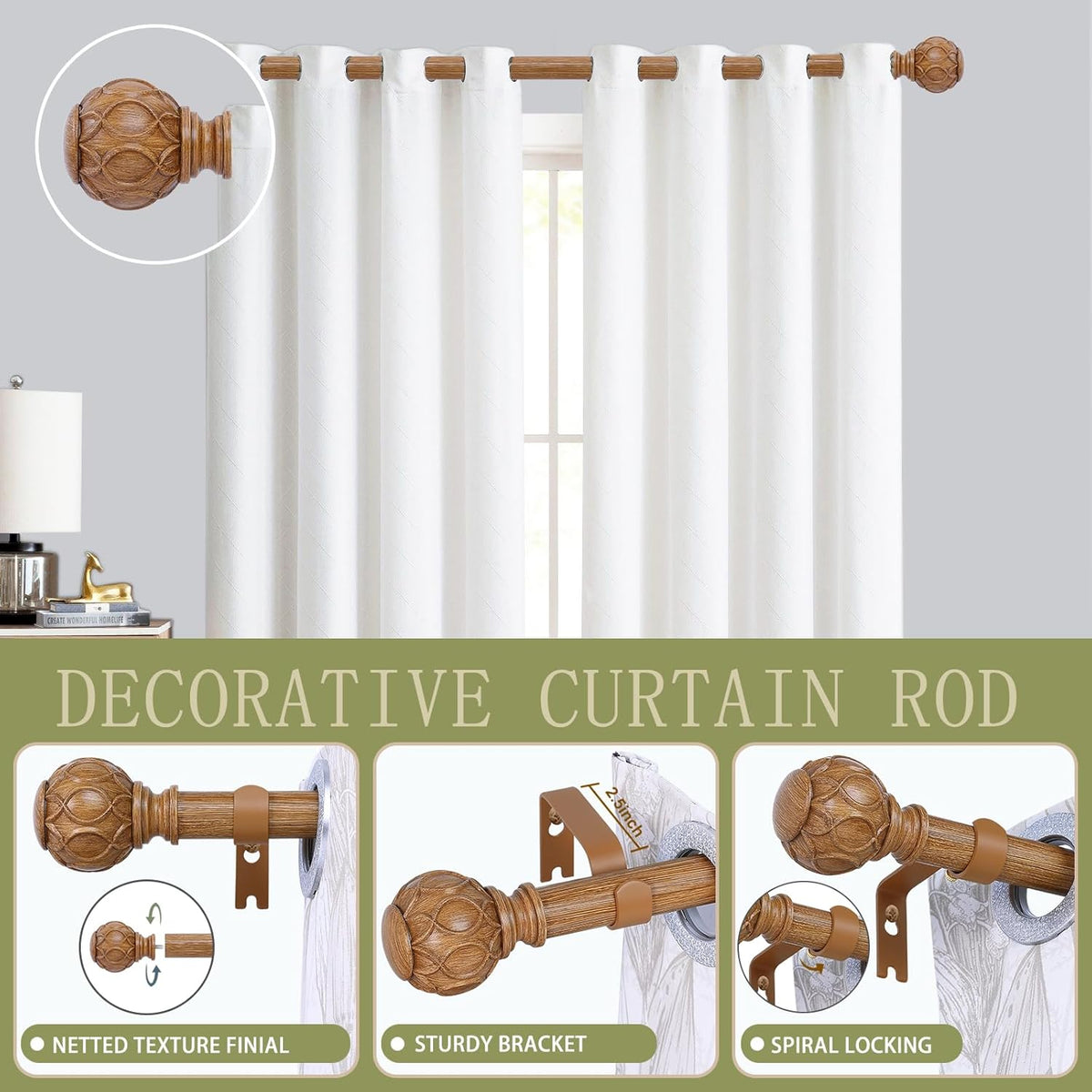 Wood Boho Curtain Rods for Windows:72-144Inch Wooden Farmhouse Curtain Rod for Bedroom Living Room,Heavy Duty Adjustable Rustic Decorative Drapery Rod with Vintage Imitation Wood Finial,Brown