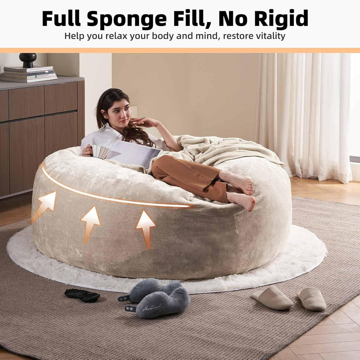 6FT,Oversized Bean Bag Chairs for Adults,Giant beanbag with Filler Included，Fluffy Memory Foam,Soft and Comfy Corduroy Fabric,Gaming Chairs Suitable for Living Room and Bedroom (Apricot, 6 Foot)