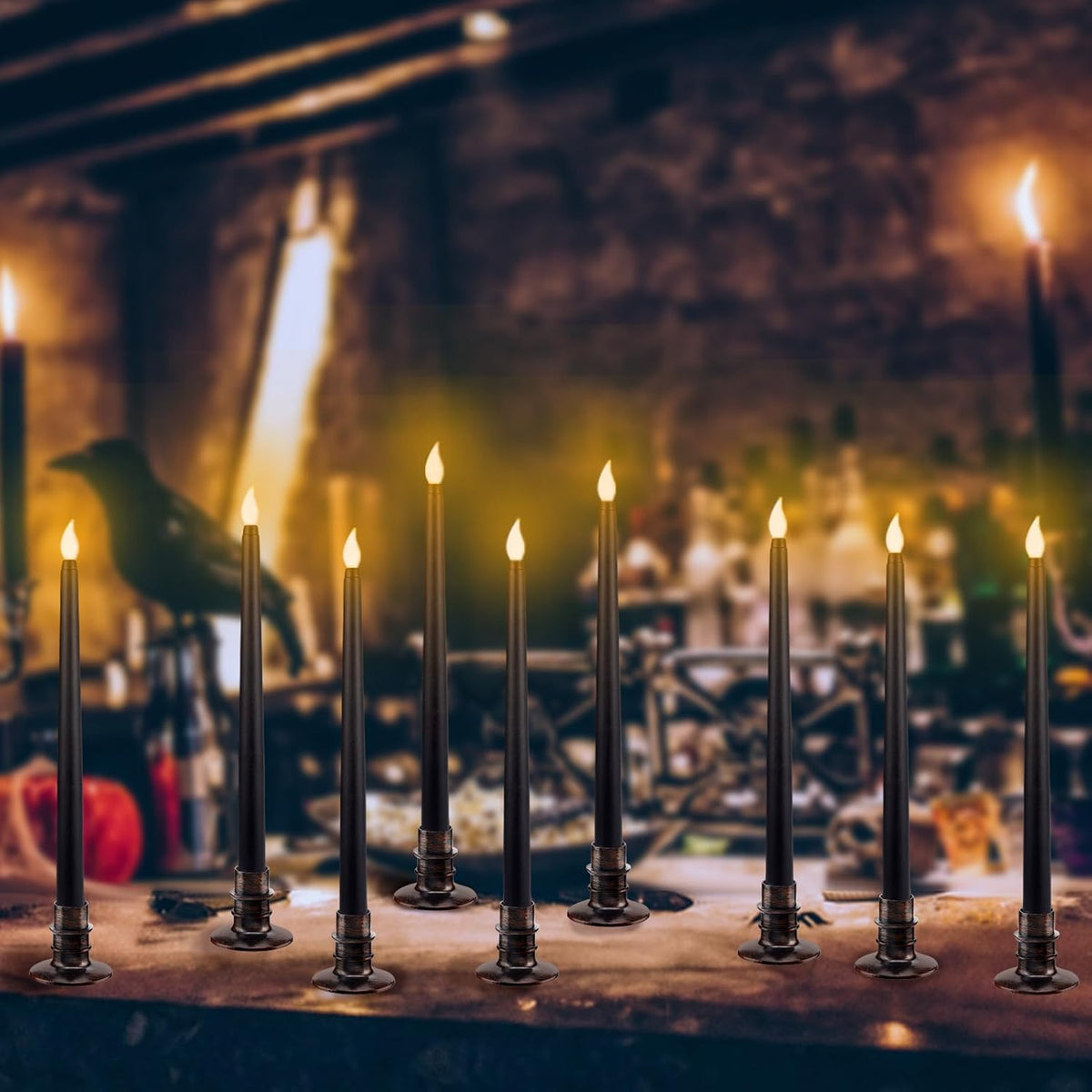 Alphatool 12 Pcs Halloween Black LED Flameless Candles with Bases - Flicker Flame, Tall Taper Smokeless Dripless Candles, Decor for Fireplace Diningtable Bar School