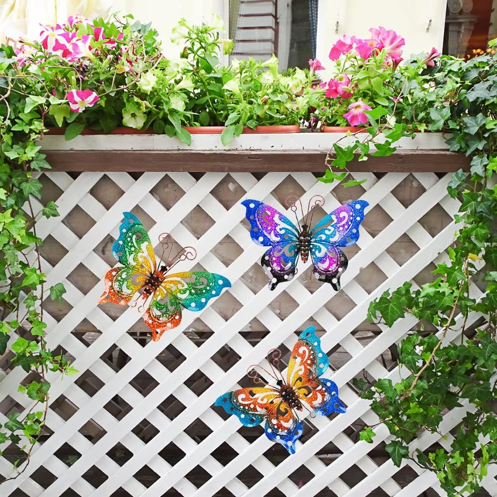 3 Pack Metal Butterfly Wall Decor, Colorful Metal Butterfly Outdoor Wall Art, Hand-Made Outdoor Wall Decor For Garden, Patio, Fence, Yard