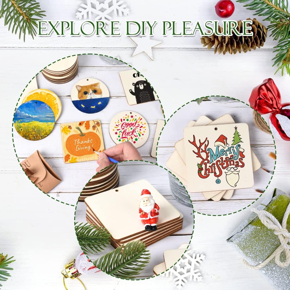 60 Pcs Wooden Tags, 3x3 Inch Unfinished Round Wood Pieces Blank Square Wooden Slices with Holes, with Jute Twines for Sign Tags Home Party Hanging Decoration