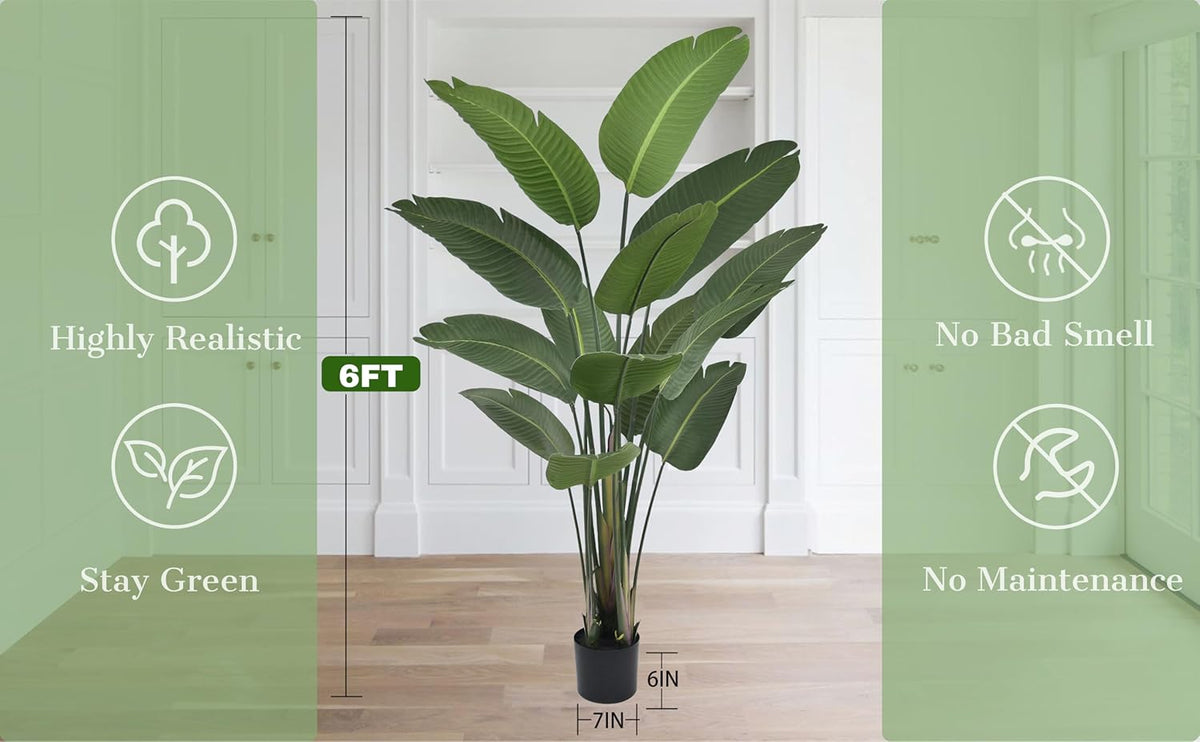 Artificial Bird of Paradise Plant 6ft Tall Fake Silk Banana Leaf Tropical Trees with 13 Leaves Faux Floor Plant for Home Decor Indoor
