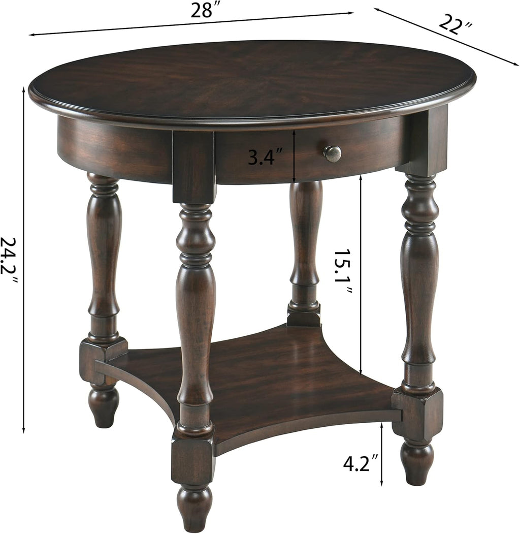 MODERION Oval End Table with Drawer, Solid Wood Sofa Side Table with Storage Shelf, Traditional Living Room Corner Table, Nightstand, Easy Assembly 28” x 22” x 24” Retro Walnut CJZ2233DC