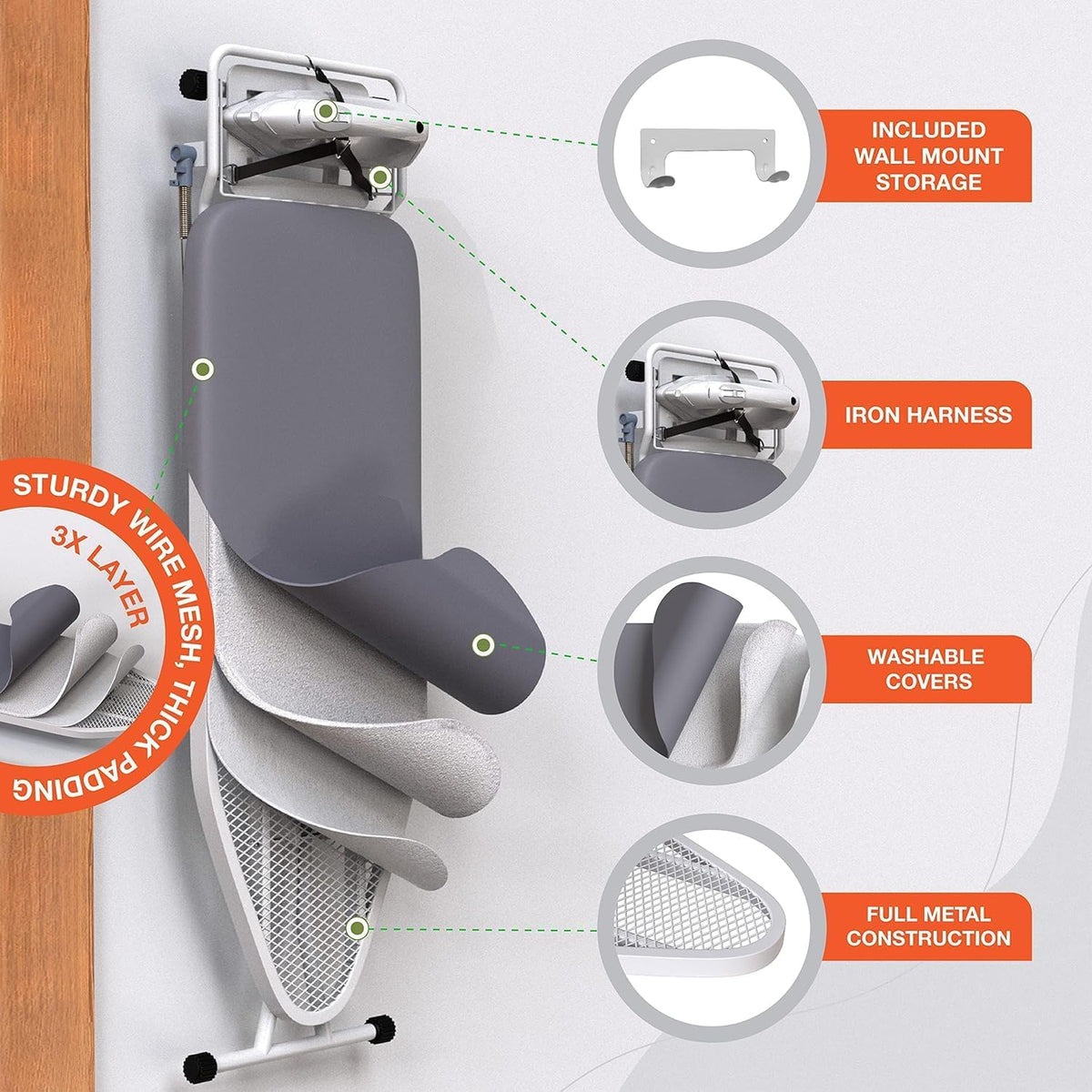 Xabitat Full Size Ironing Board 57" X 15" with Wall Mount Hanger, Full Metal Construction Iron Board, Built in Iron Caddy, Heat & Scorch Resistant Fabric, Cord Holder, Anti-Skid Feet, Heavy Duty