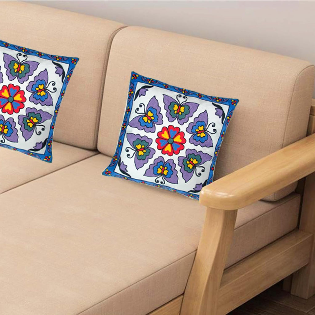Embroidered Decorative Throw Pillow Cover, 18"x18" Set of 2, Farmhouse Pillowcase Purple Butterfly Knit Pattern Cotton Canvas Cushion Case Square Floral Pillow Case for Sofa Couch Bed Living Room