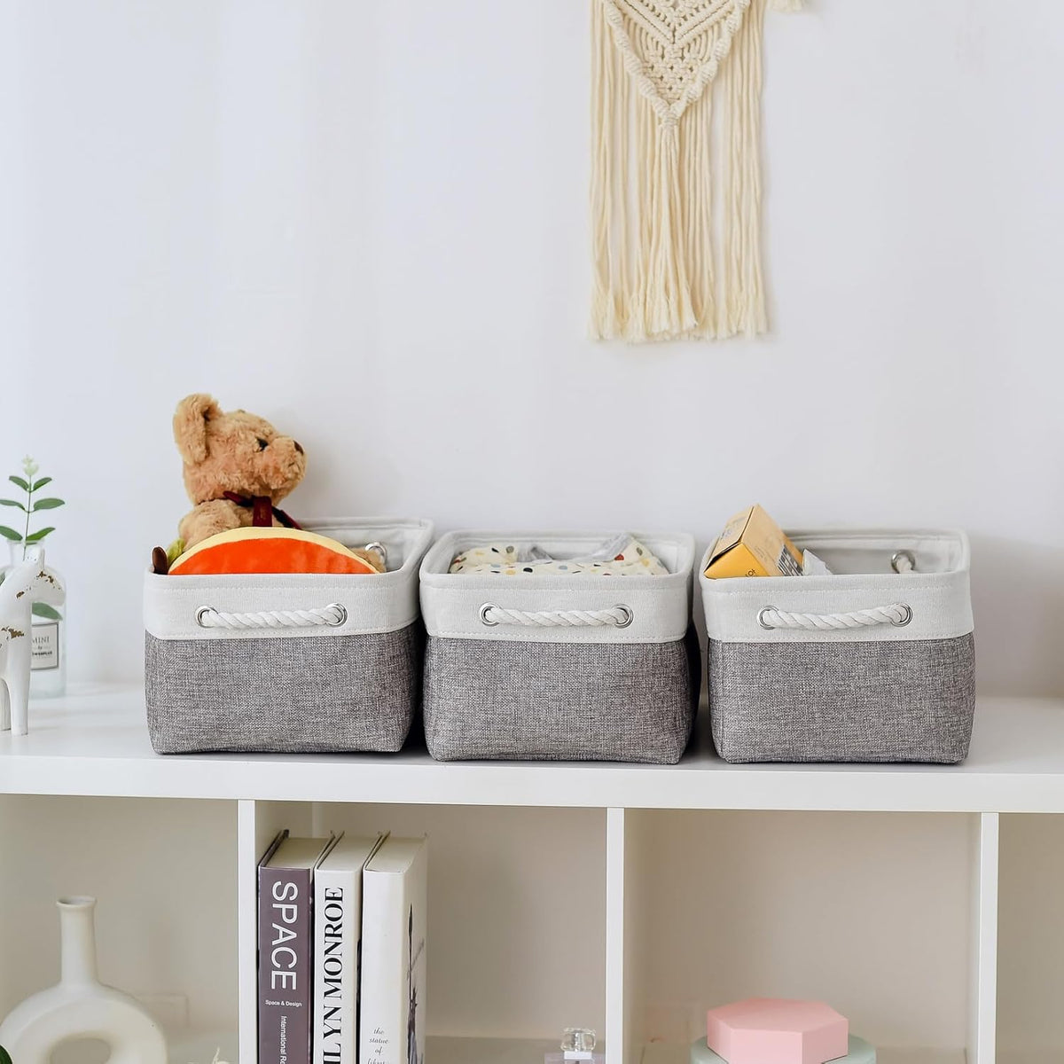 TheWarmHome Organization and Storage Basket for Shelves - 1 Pack 14x10x6.7 inch Collapsible Storage Bins, Fabric Storage Cubes for Closet Organizer Toy Gift Cloth (White & Grey)