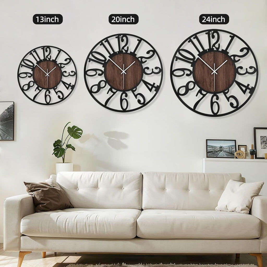 Maxstar Large Round Wall Clock for Living Room Decor Battery Operated Non Ticking Black Metal Wood Clocks for Home Living Room Garden Farmhouse Office Kitchen Decoration -24 inch