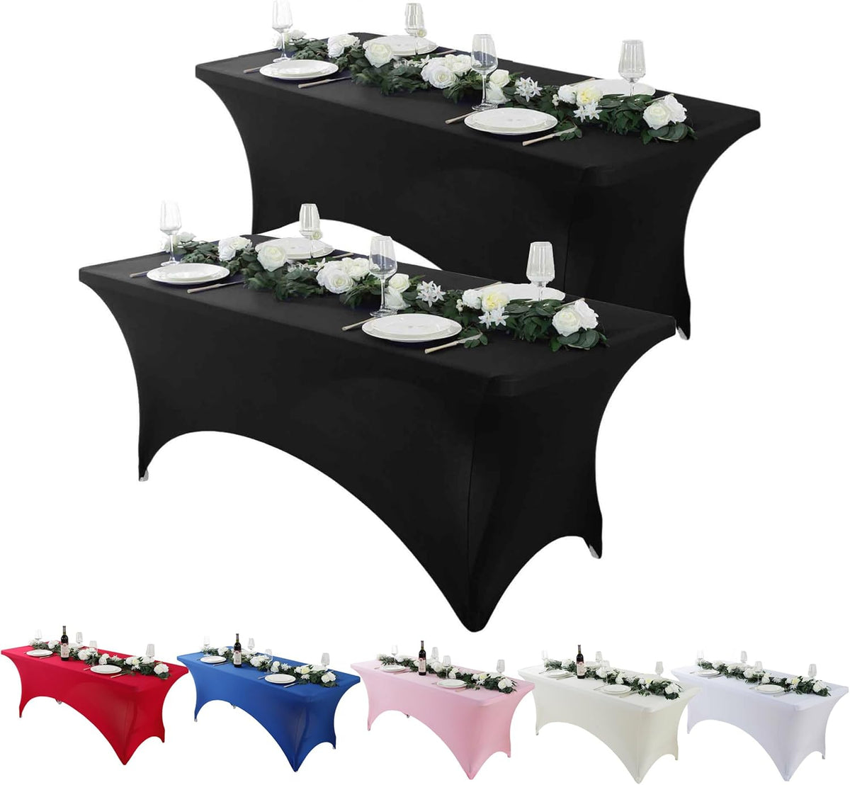 Craft And Party 2 Pack 6ft Black Spandex Tablecloth – Fitted Table Cloths – Stretch Tablecloth Universal Fit for Folding Tables – Wrinkle-Free, Washable – Ideal for Parties, Weddings, Events