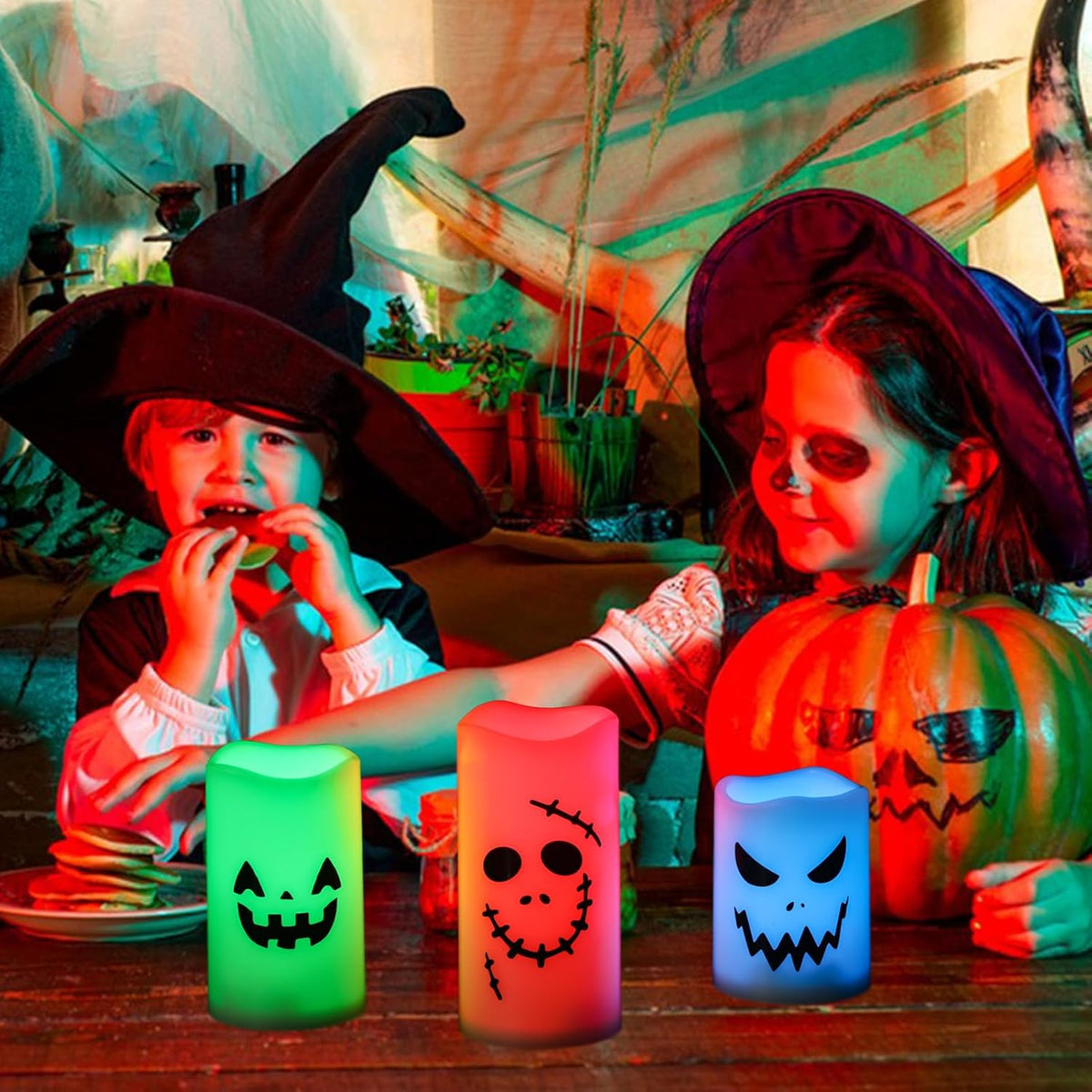 GenSwin Flameless LED Pillar Candles - Battery Operated, 12 Color Changing, Remote Timer, Perfect for Halloween, Fall Decor (3 x 4 x 5')