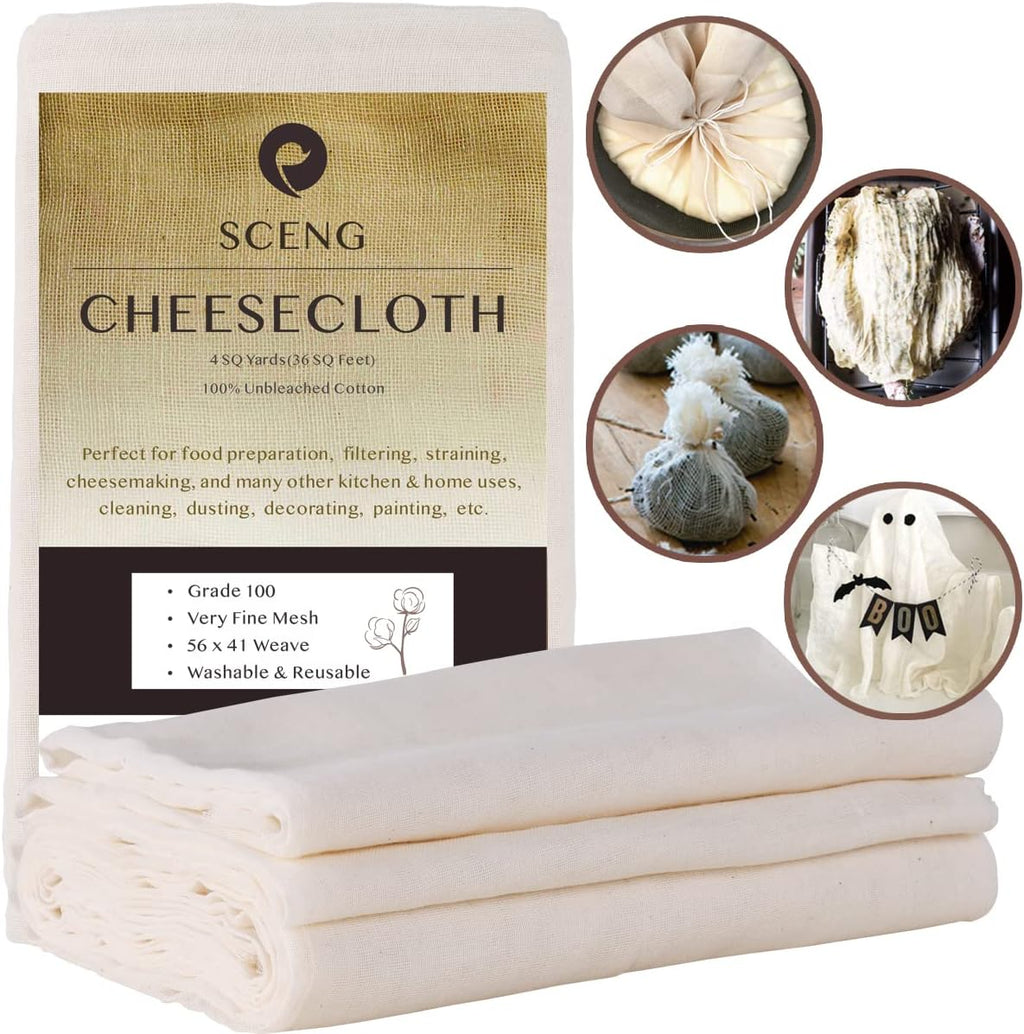 Cheesecloth, Grade 100, 36 Sq Feet, Cheese Cloths for Straining, Cooking, 100% Unbleached Cotton Cheesecloth for Jelly Making, Cheese Making, Washable, Reusable (Grade 100-4Yards)