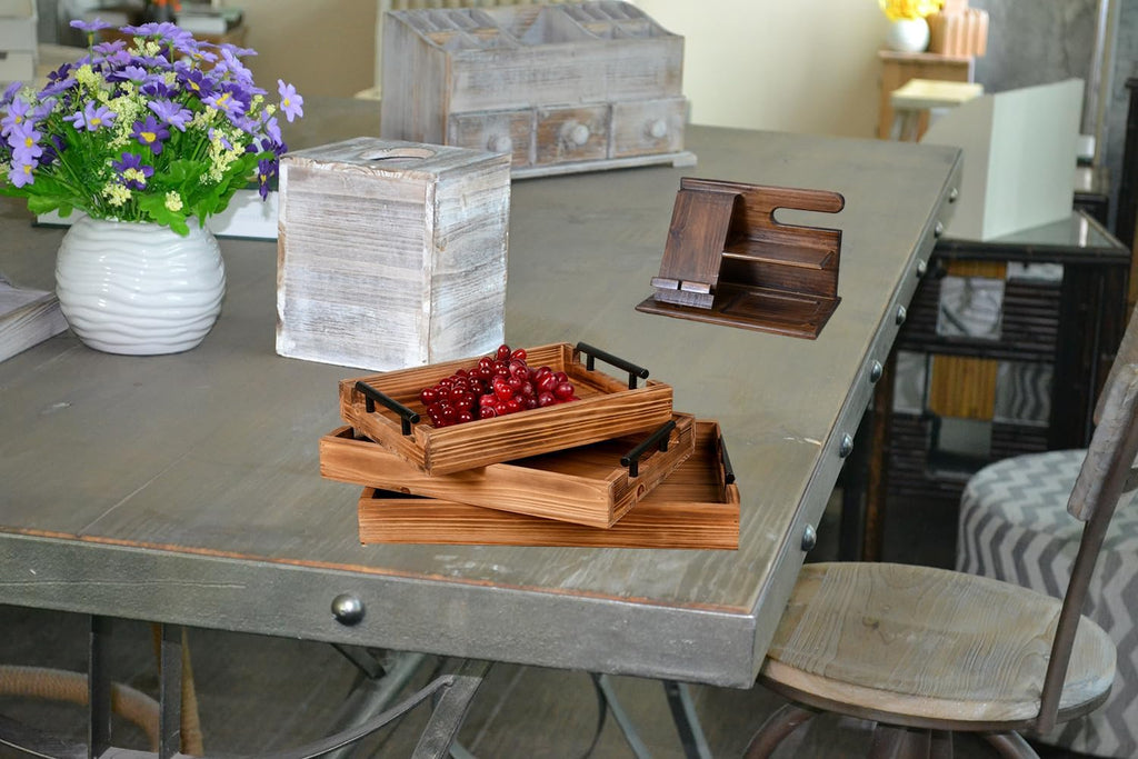 3 Piece Coffee Table Tray Decorative Nested Vintage Wood Serving Tray Set for Eating, Breakfast, Party, Kitchen, Ottoman,Tea Coffee Table Large Ottoman Trays