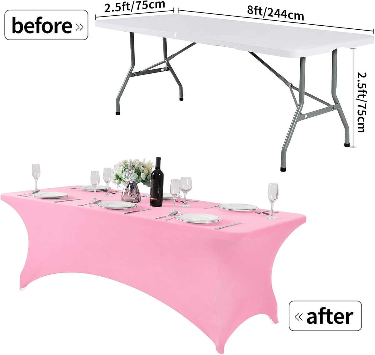 2Pack Spandex Table Cover for 8FT or 4ft or 6ft Table Universal Fitted Stretch Tablecloth for Party, Banquet, Wedding and Events-Pink